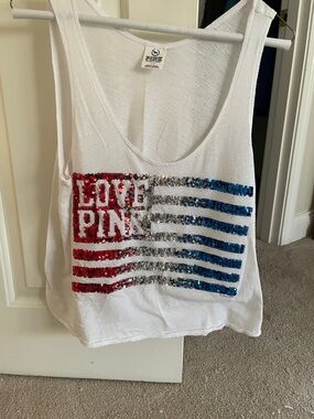 PINK Victoria's Secret White Sequin 'LOVE PINK' Flag Tank